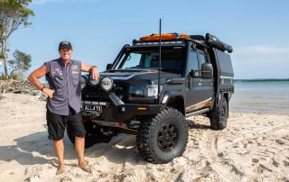 Jason in front of All479 with Black Octagon on Toyota LandCruiser 79 Series on the beach